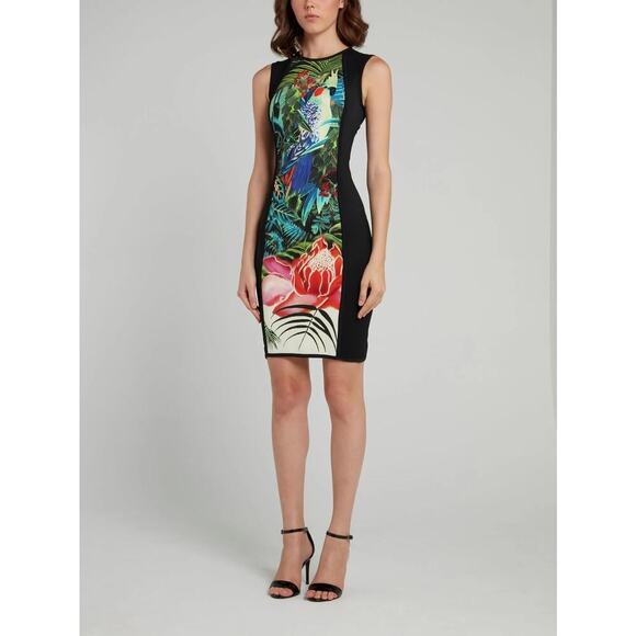 Roberto Cavalli Black Tropical Printed Sleeveless Sheath Dress Size 6 - Picture 3 of 11